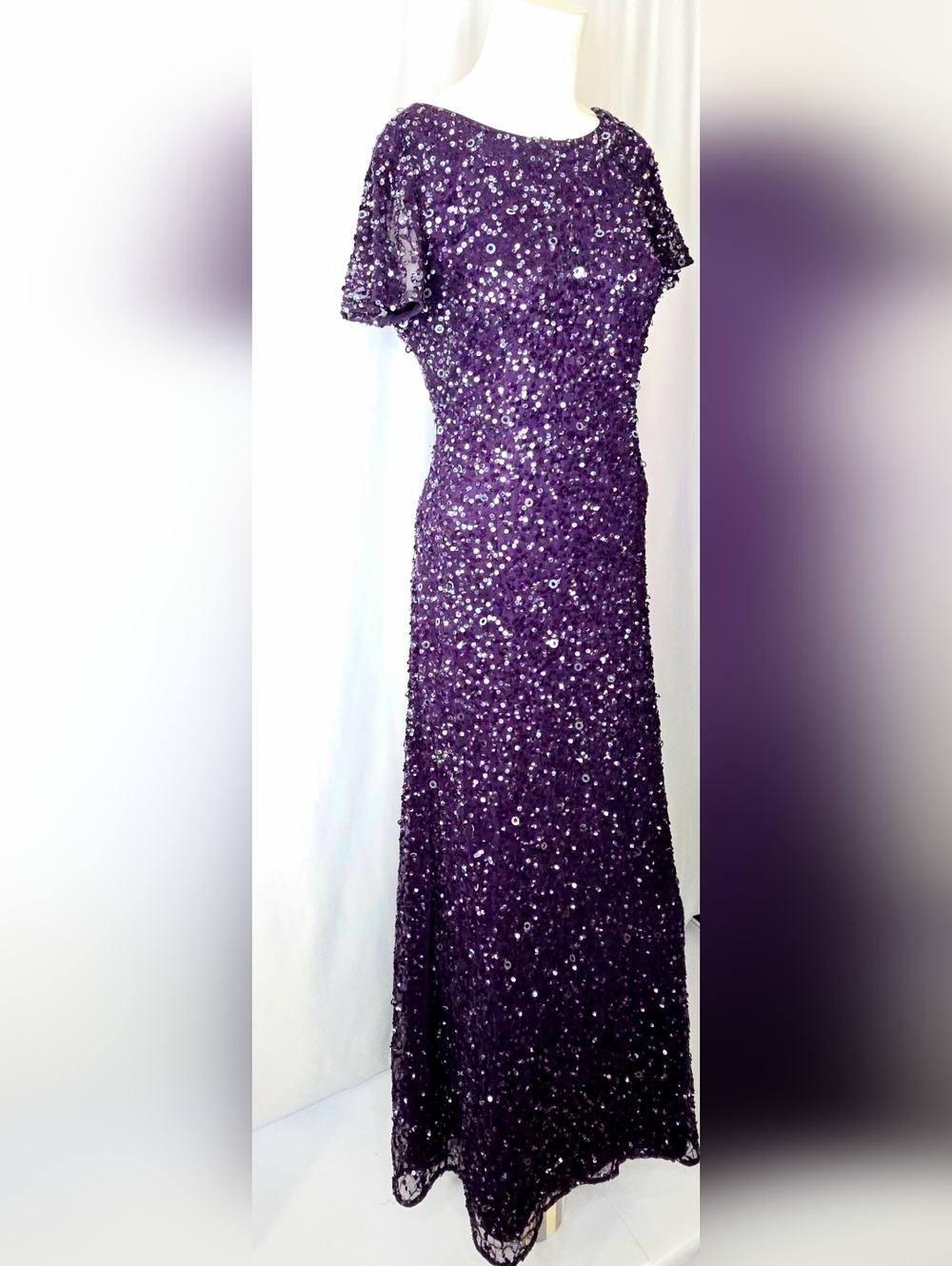 Adrianna Papell Deep Purple Sequin Formal Gown With Train Wedding Guest 10 NWOT‎ - Picture 5 of 14